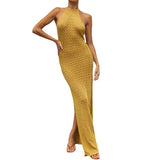 Ins Women's Sleeveless Temperament Open-Fork Dress Summer Knitted Sling Slings Sexy Bareback Long Shoulder Skirt