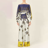 Spring 2025 New Set Women's Printed Round-Neck Loose Bat Sleeves Wide Leg Trousers Fashion Set