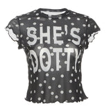 Fashion 2025 Summer New Women's Hottie Collar Print Wood Ear Perspective Mesh Yarn Short Top Woman