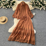 Age-Relay Suit Female Senior Sleeve Lace Splicing Lantern Long-Sleeved Shirt + High Waist Slim Swing Skirt