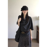 French Collar Five-Sleeved T-Shirt Top Women Irregular Check-In Half Dress Korean Two-Piece