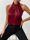 Women's Clothing 2025 Summer New Color Clove Hanging Neck Sleeveless Vest Ribbon Simulation Silk Top