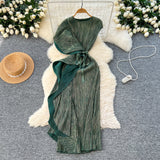 Three-House Folded Dress Design Irregular Lotus Leaves Side To Receive Waist Repair Bright Silk Pressure Folds