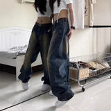 High Street Vintage Blue Straight Jeans Men And Women Loose-Hanging Feel To Do Old Fashion Broad-Legged Drag Pants Tide