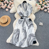 Light Luxury Retro V-Neck Print Dress Women's Summer French Tamped Loose Thin Long Shirt Skirt