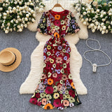 French High-End Elegant Heavy Industry Flower Embroidery Round Collar Lantern Sleeves To Close The Waist Slim Slimmed Fishtail Dress Dress
