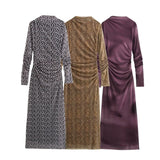 Women's Clothing 2025 Spring New Printing Mesh Collar Long Sleeve Folded Long Dress