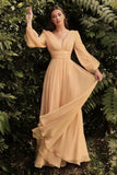 Evening Dress New Long-Sleeved Chiffon Sexy Temperament Deep V Side Button Bridesmaid Dress