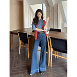 Hong Kong Style Retro Dark Blue Loudspeaker Jeans Women 2025 Spring And Autumn High Waist Hanging Feeling Drag Broad Legs Long Pants