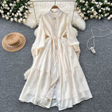 Vintage Fashion Casual Long-Sleeved Shirt Dress Women Loose Tidive With Long Skirt 0515