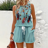 Wish Summer New Feather Printed Casual Fashion Round-Neck Shorts Set For Women