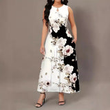 Spring And Summer Explosion Print Slings Large-Size Dress Flower Pocket Necking A-Character Dress Women's Clothing