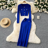 Small Fragrant High-Sense Metal Buckle Repair Short Long-Sleeved Knitting Top Female High-Waisted Hip Skirt Two