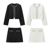 2025 Spring Long Sleeve Water Drill Decoration Short Rough Spinning Ring Velvet Jacket Mini Skirt Suit Woman