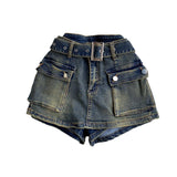 Vintage Babes Work Style Skirts Women High-Rise Thins Retro Old Denim Shorts Wide Leg Trousers