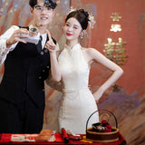 New Chinese Champagne-Colored Engagement Cheongsam Toast Bridal Fishtail Dress Beautiful Registration Certificate Wedding Dress