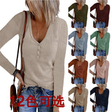 2025Wish Autumn New Women's Button Vest Solid Color V-Neck Long-Sleeved T-Shirt Top