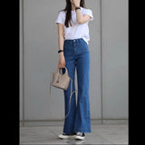 French Retro Blue High-Waisted Micro-Rave Jeans Women Autumn Small Slim Slimy Horseshoe Long Trousers