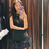 Design Sense A Dress 2025 Autumn New Standing Collar Sleeveless Solid Color Feathers Spliced Dress Dress Woman
