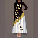 Fashion Women's Autumn And Winter Butterfly Print Long-Sleeved Dress Pocket Temperament Round Tie Sling A Word Long Dress