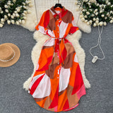 Printed Short-Sleeved Dress Women Autumn Polo Tie Straps To The Waist Design Small Chic Temperament Long Dress
