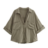 2025 Spring And Summer New Women's Fashion Casual Collar Striped Wide-Sleeved Shirt