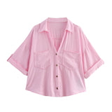 2025 Spring And Summer New Women's Fashion Casual Collar Striped Wide-Sleeved Shirt