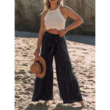 Women's Fashion Temperament Strap Spliced High-Waisted Folds Broad Leggings Casual Loose Trousers