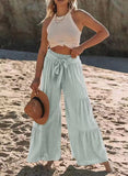 Women's Fashion Temperament Strap Spliced High-Waisted Folds Broad Leggings Casual Loose Trousers