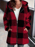 Plush Women's Coat New Wish Long-Sleeved Lattice Hooded Zip-On With Pocket Loose Coat