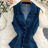 French Age-Down Suit Women's Summer Ripe Wind Folded Back Cowboy Top + High Waist Thin Half