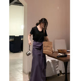 Casual Summer New Relaxation Black Short-Sleeved T-Shirt Blouse High-Waist Purple Color Tying Strap A-Word Half-Dress Woman