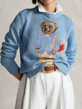 25 Autumn Explosion Wool-Blend Cartoon Bear High Quality Autumn And Winter Sweater Female Blue Collar Casual Knitting