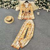 Vintage Fashion Positioning Print Strapping Belt Collar Long Sleeve Top Female High-Waist Broad Leg Straight Trousers Set