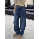 Vintage Dark Blue Broad-Legged Scissors Jeans Women's Autumn And Winter High Waist Plus Plus Thick Loose Drag Long Trousers