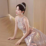 Pink Lysung Dress Dress Dress 2025 New Toaster Light Luxury Niche Conference Host Banquet Evening Dress