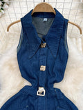 Thirteen Lines Of New Retro Clips Hollow Luthed Waists Thin Sleeveless Single Buckle A Word Open Fork Denim Dress