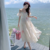 French One-Word Shoulder-Sling Sling Dress Woman Gentle Wind Chopped Flower Bubble Sleeve Yarn Fairy Dress 1956