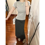 Simple Casual Gray Shoulder Short Sleeve Two Sets Of Summer New High-End Long Skirt Temperament Wear