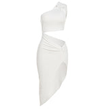 2025 Summer New Women's Fashion Slanted Single Shoulder Hollow Solid Color Draw Folded Waist Dress