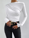 2025 Solid Color Trim Bottom Shirt Folding Design Long-Sleeved T-Shirt Lady Top
