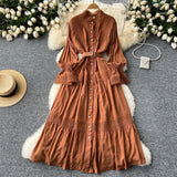 French Court Retro Elegant Dress Women's Collar Horn Sleeves To Close Single Buckle Lace Splicing Large Swing Dress