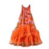 French Retro Court Style Design With A Sense Of Fashion Print Splicing Mesh Tau Pong Irregular Lotus Leaf-Side Dress Woman