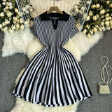 French-Style Retro-Necked Short-Sleeved Striped Knitted Dress Female Waist Temperament Thin A-Word Dress