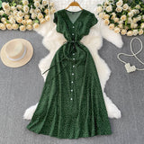 French Red Dot V-Neck Women's Short-Sleeved Dress Summer Single Buckle Tie With Thin A-Word Mid-Long Dress