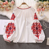 Tourist Vacation Retro National Style Embroidery With Esopre V-Neck Lantern Sleeve Shirt Shirt Women Loose Tide