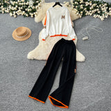 Fashion Letter Embroidered Knitted Shirt Long Sleeve Sweater High Waist Broad Leg Trousers Casual Sports Two-Piece Suit Woman