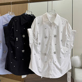 European High-Stock Design Feeling Heavy Industry Nail Embroidery Shirt Loose Apparent Thin Age Shirt Shirt Women Short Sleeves