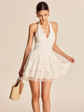2025 New Women's White Lace Dress French Sleeveless Hanging Neck V-Neck Dress