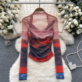 Spice Girls Tie-Dye Mesh Jersey Long-Sleeved T-Shirt Girl Thin Perspective Temperament Fashion Folding Top